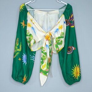 Wonderland Print Puff Sleeve Twist Tie Blouse S Fairy Boho Lounge